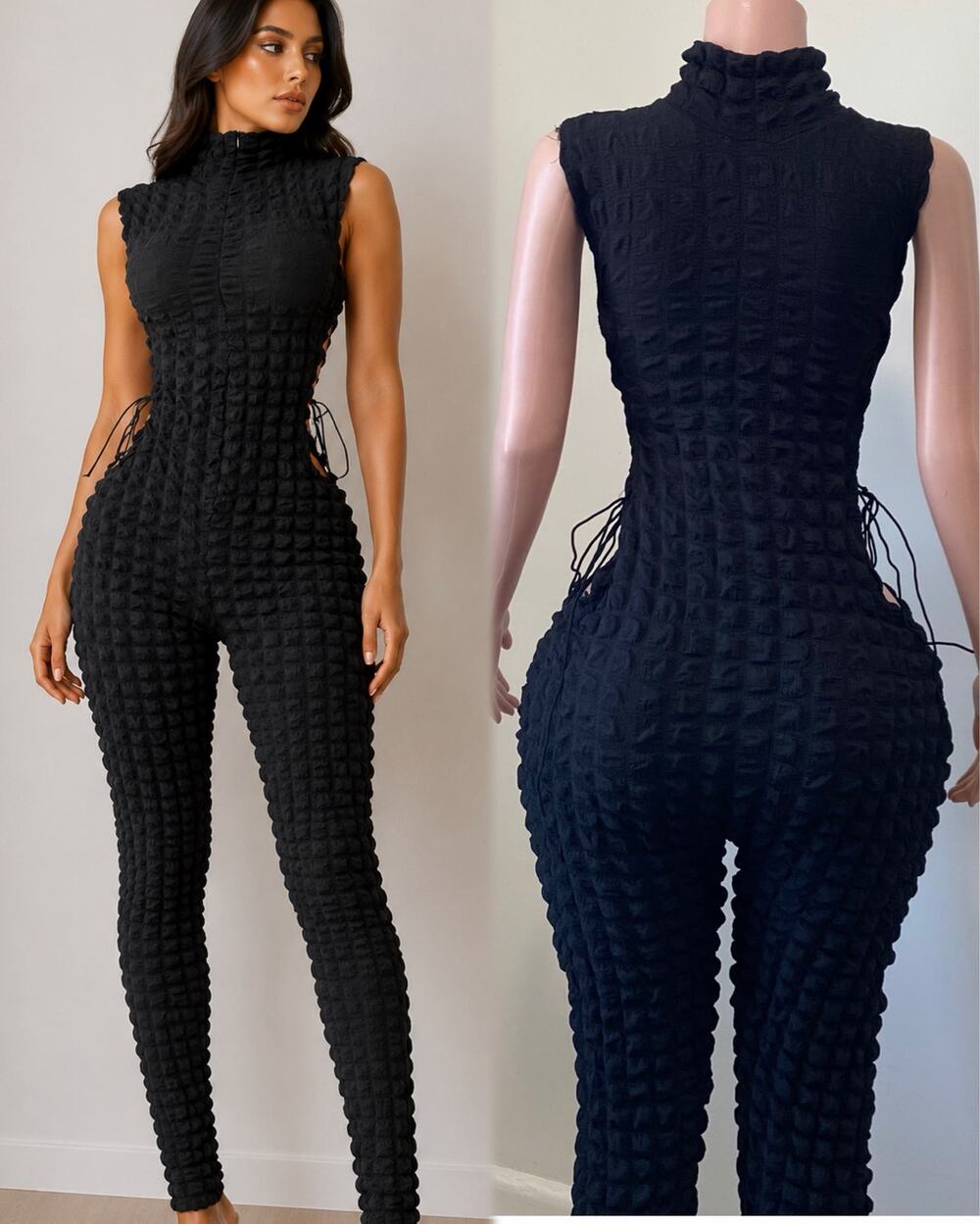 Textured Sleeveless Mock Neck Black Jumpsuit NWOT